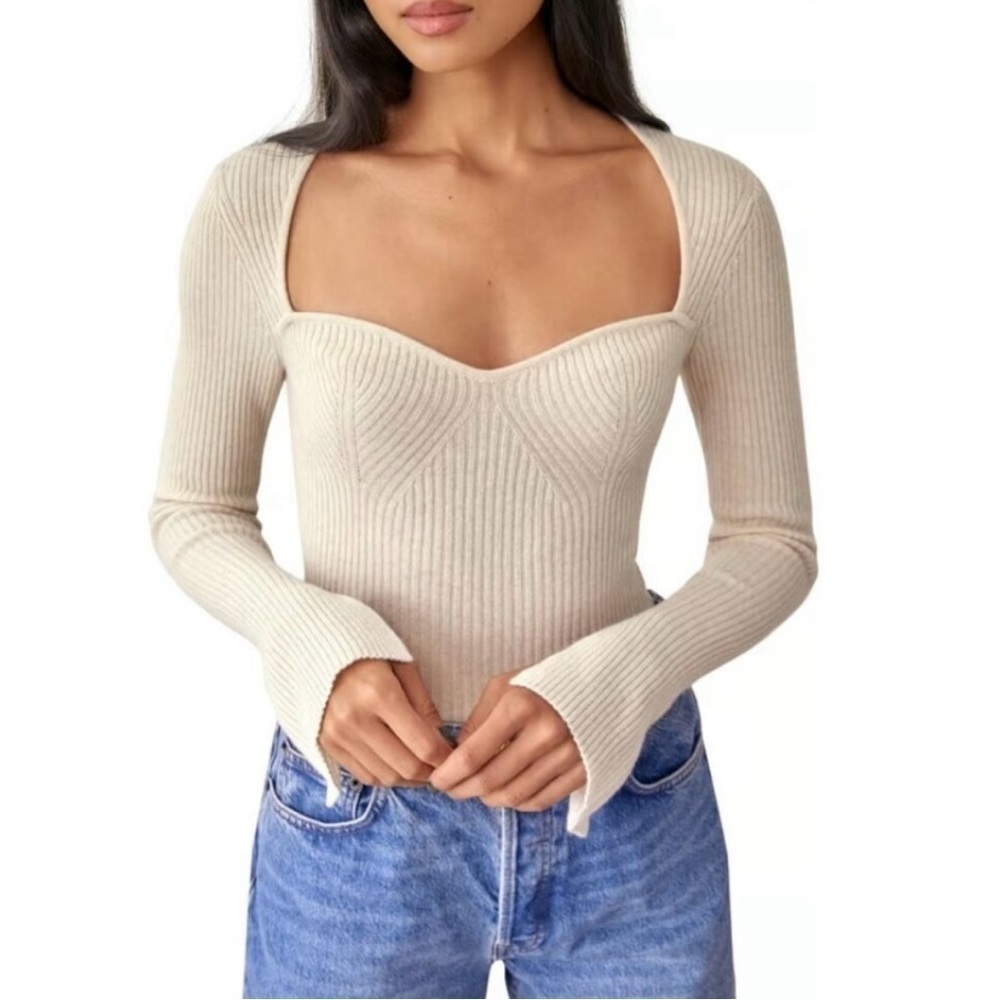 Reformation Cream Ribbed Square-Neck Sweater